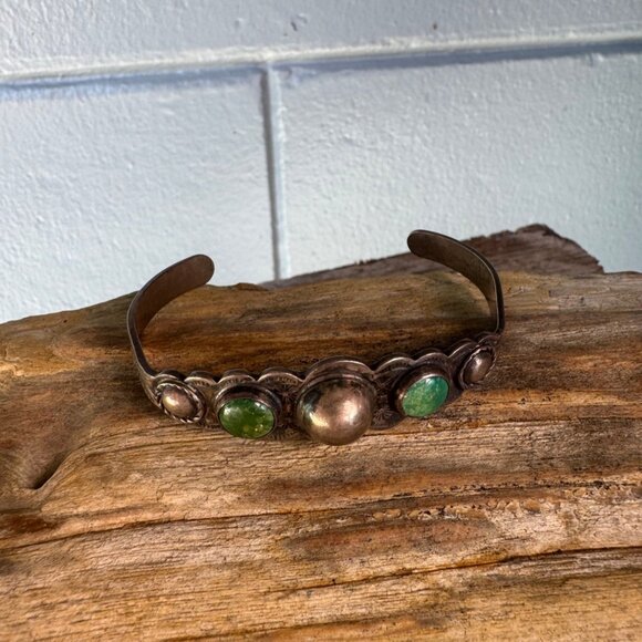 Vintage Sterling Silver Cuff Bracelet With Turquoise Intricate Design - Picture 1 of 7